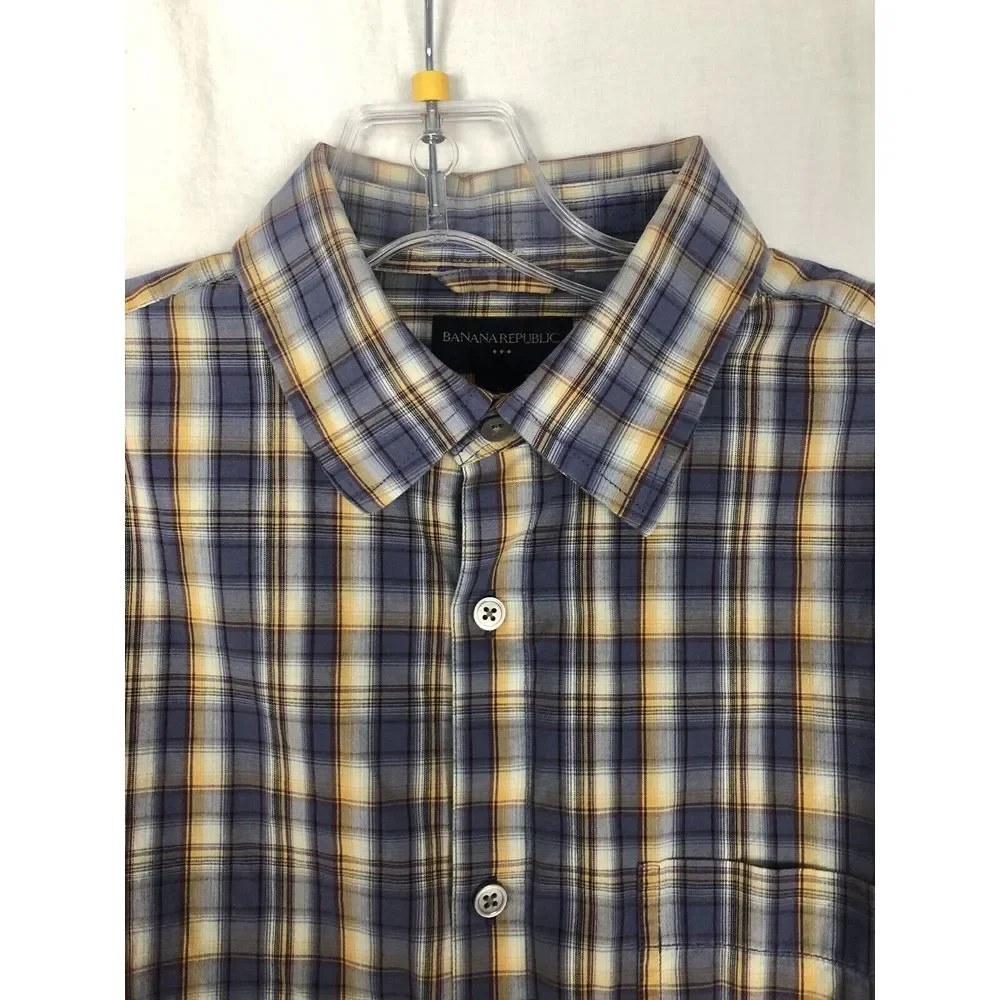 Banana Republic Shirt Mens S Blue Yellow‎ Plaid Button Front Roll Tab Sleeve